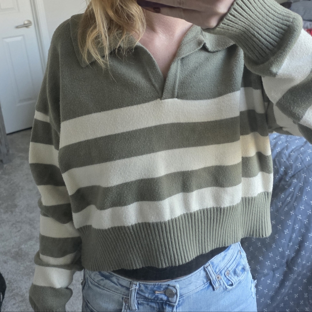 Soft Chenille Striped Green and White Sweater